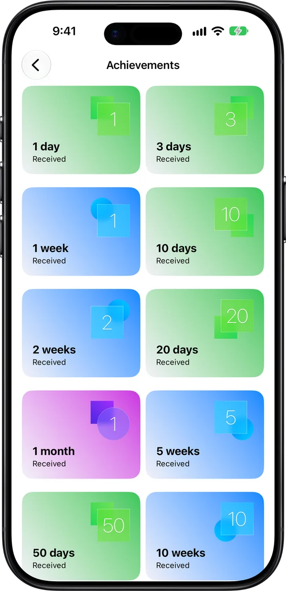 The achievements screen: 1 day, 3 days, 1 week, 10 days, 2 weeks and more, received.