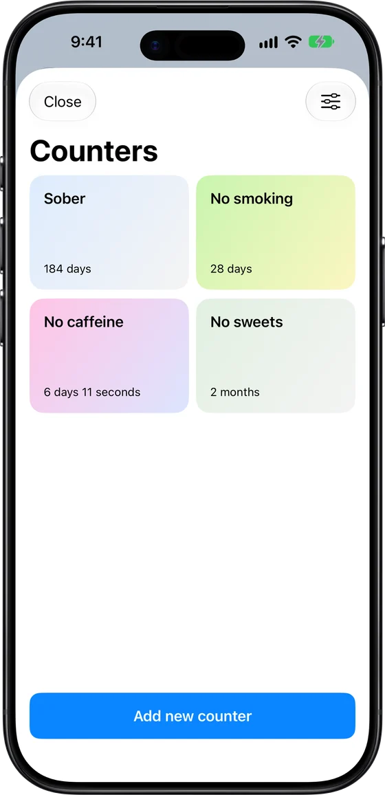 Four counters: Sober 184 days, No smoking 28 days, No caffeine and No sweets.