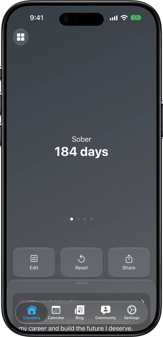 The Sober Days counter in dark mode: Sober, 184 days.
