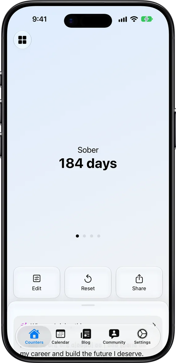 The Sober Days counter screen: Sober, 184 days.