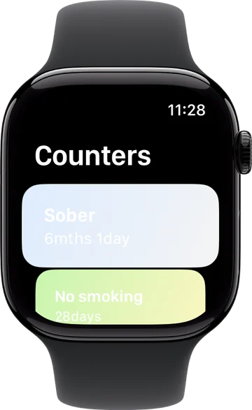 Sober Days on Apple Watch: Sober, 184 days, and No smoking, 28 days.